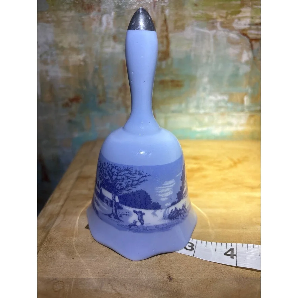 Vintage Blue Porcelain Winter Landscape Dinner Bell Silver Finial Scalloped Rim